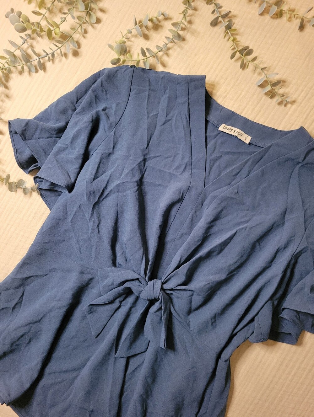 Grace Karin Slate Blue Tie-Front V-Neck Blouse